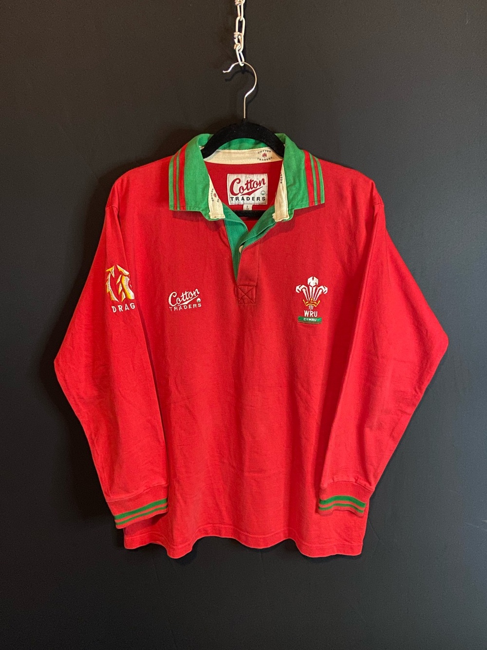 ⁠Vintage Cotton Traders Wales Rugby Shirt Mens Large Red Green WRU Dragons Polo
